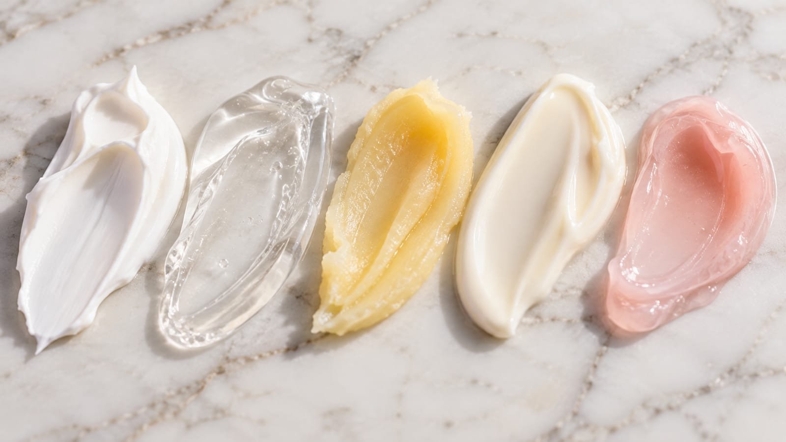 Five Korean moisturizer texture swatches on white marble: rich cream, clear gel, yellow balm, light lotion and pink gel cream