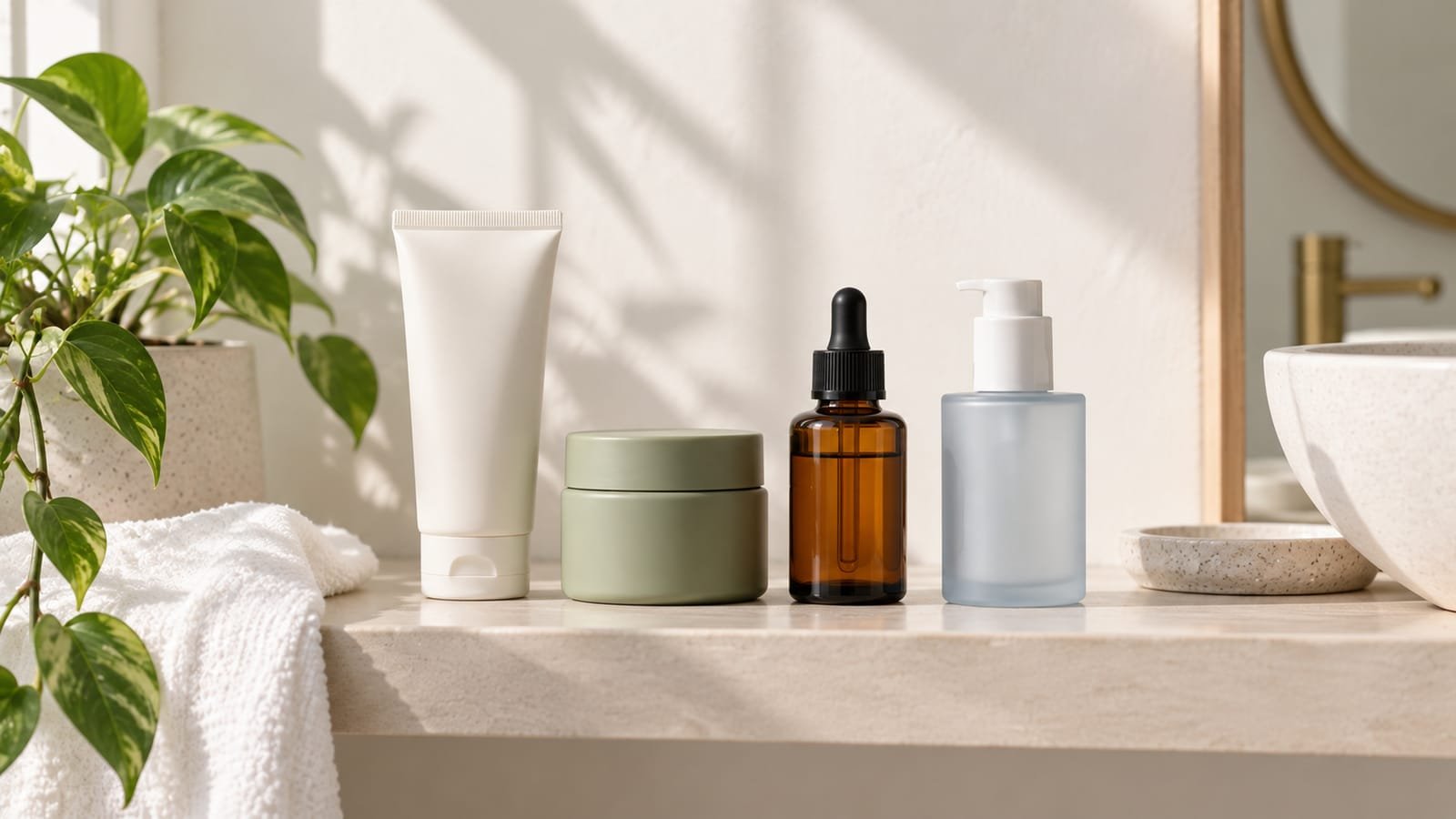 Korean skincare products in white, sage green, amber and frosted glass packaging on a bright bathroom shelf beside a green plant